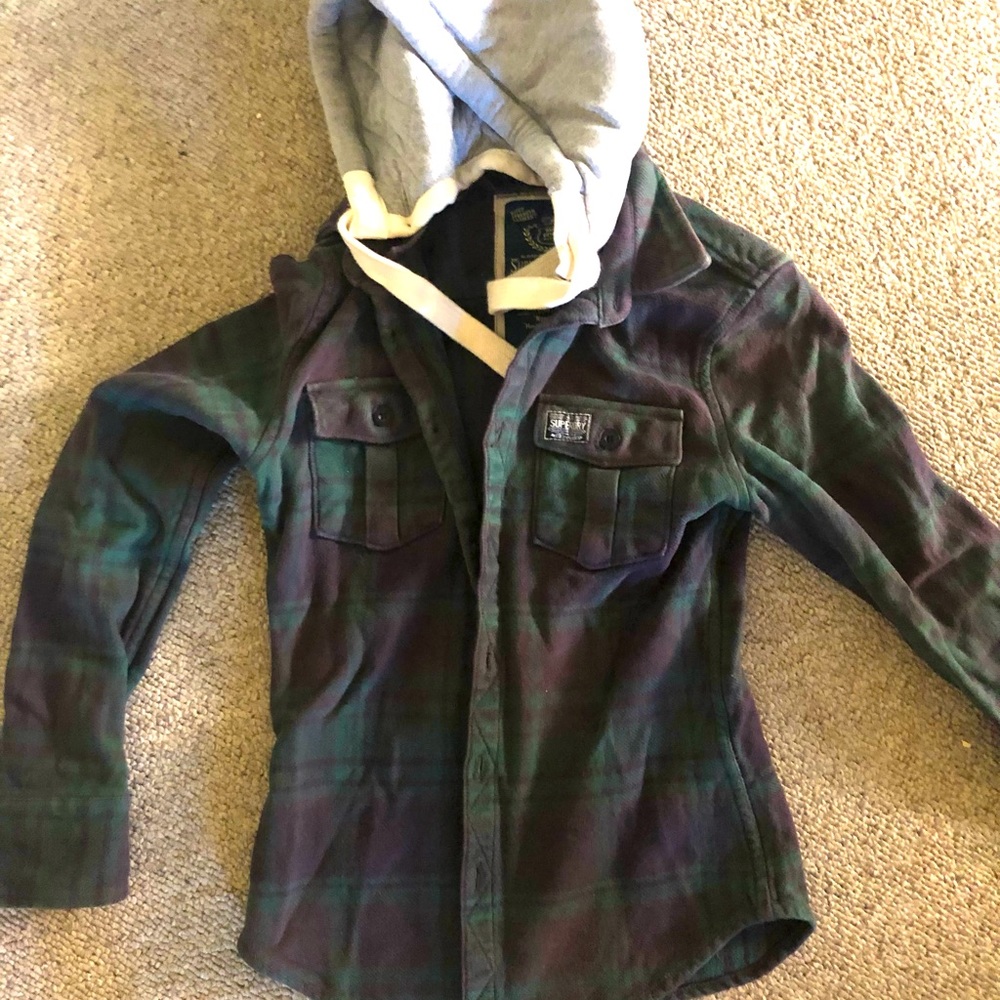Super dry green tartan hooded sweatshirt